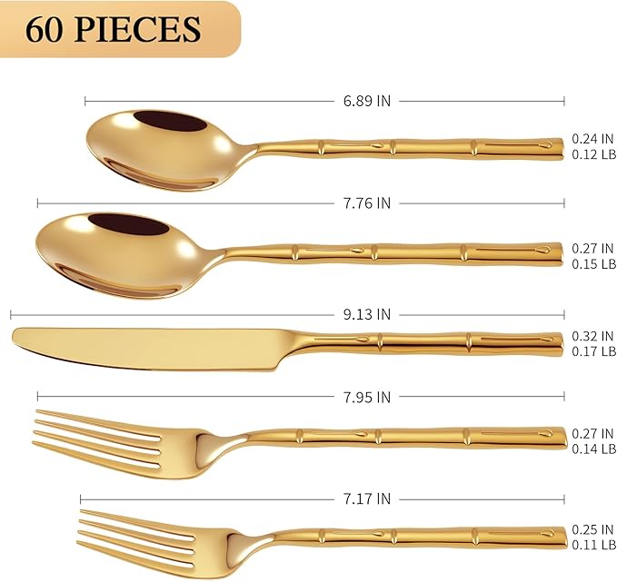 DEACORY Silverware Set Gold Bamboo Pattern Handle Flatware Set, 60-Piece Stainless Steel Cutlery Set Service for 12