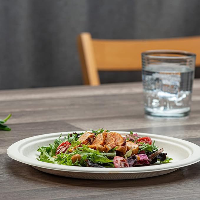 GUSTO [Case of 500 10 Inch Heavy-Duty 100% Compostable, 3 Compartment Eco-Friendly, Kraft Disposable Sugarcane Paper Plates - Brown Unbleached (Formerly Comfy Package