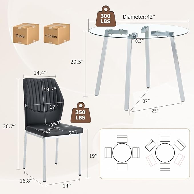 42" Round Glass Dining Table Set for 4,Modern Breakfast Table Set for 4 with Silver Chrome Legs,Space Saving Kitchen Table and Black Chairs for Apartment,Easy Assembly