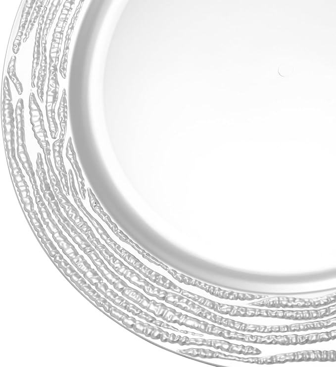 100 PCS Antique Charger Plates Bulk, 13 Inch Round Textured Edge Plastic Dinner Chargers, Bulk Plastic Charger Plates Set for Wedding, Party, Table Decor (Silver)