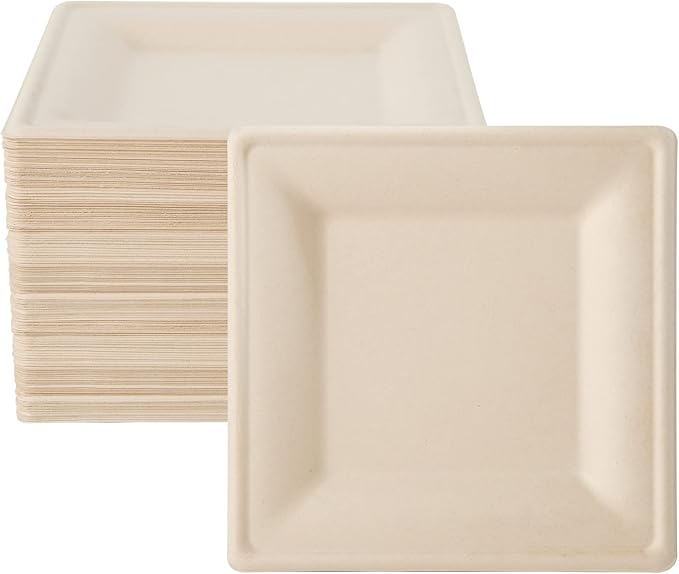 ECOLipak 100 Pack Compostable Square Plates, 10 inch Disposable Paper Plates Made of Sugacane, Eco-friendly Heavy Duty Biodegradable