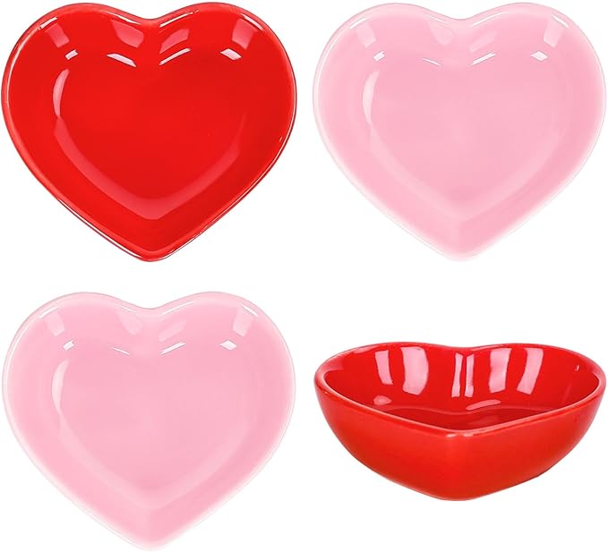 Whaline 4Pcs Heart Shape Sauce Dish Ceramic Side Dish Bowl Red Pink Jewelry Ring Dish Tray for Home Kitchen Xmas Wedding Valentine's Day Anniversary Birthday Party Decor