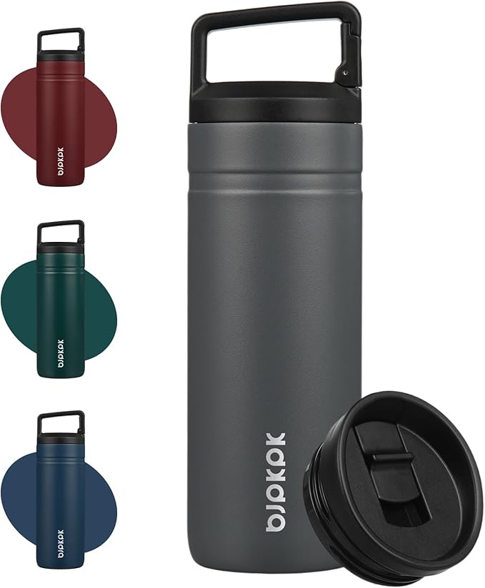 BJPKPK Insulated Water Bottle with 2 Lids,20 oz Double Wall Stainless Steel Vacuum Tumbler Travel Coffee Mug,Wide Mouth Thermal Cup,Grey
