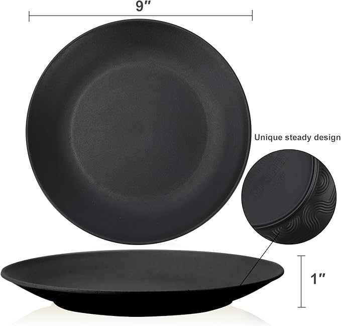 Homienly Dinner Plates Set of 8 Unbreakable Wheat Straw Plates with Textured Design - Microwave & Dishwasher Safe - Perfect for Camping, Kitchen Use - Black, 9 inch