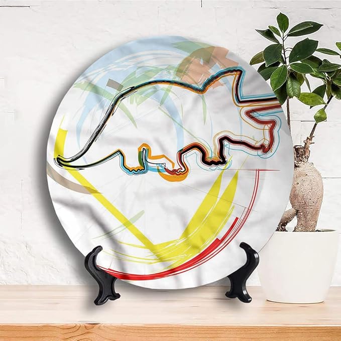 Ceramic Display Plate, Dinosaur Ceramic Hanging Decorative Plate, Triceratops Sketch Lines, 8 Inch, Household Custom Ceramic Plate, Multicolor