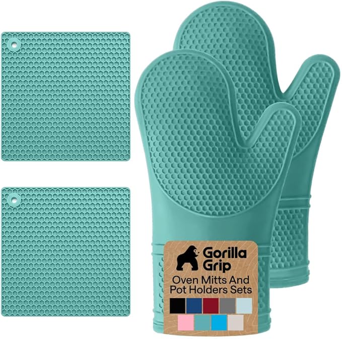 GORILLA GRIP BPA-Free Soft Silicone Oven Mitts and Pot Holders Sets, Heat Resistant Waterproof Cooking Gloves, Thick Cotton Lining, Flexible Gripping for Baking Grilling, Kitchen Trivets, Turquoise