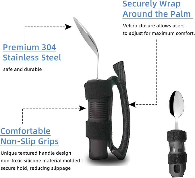Adaptive Utensil Set for Elderly Parkinsons Stroke Patients, Non-Slip Grip with Hand Strap for Hand Tremors & Muscle Weakness, 3PCS Heavy Stainless Steel Spoon Fork Knife