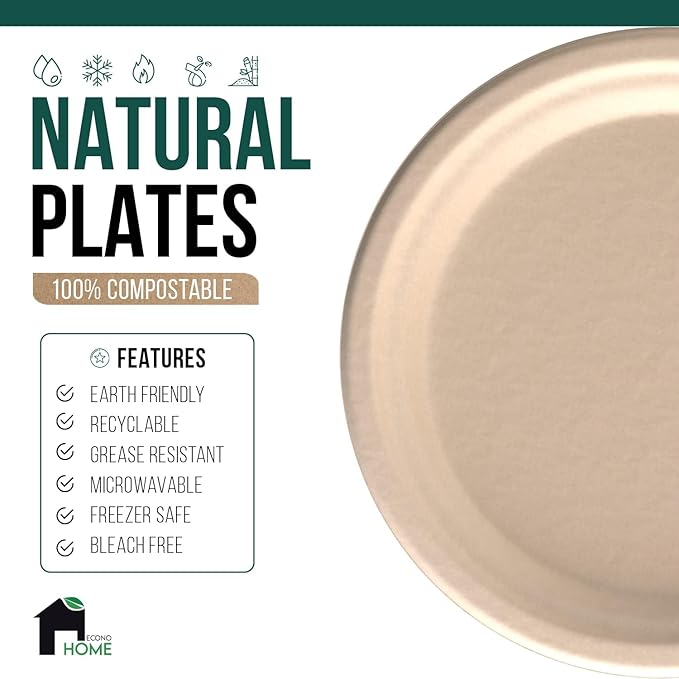 EconoHome 7 Inch Compostable Paper Plates - Eco-Conscious Disposable Plates Made of Bagasse or Sugarcane Fiber - Microwave, Refrigerator-Safe - Heavy Duty Paper Plates for Dinner - Case of 1000