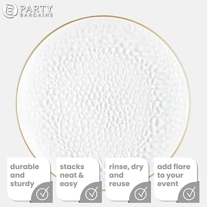 PARTY BARGAINS 13-Inch Charger Plates - 4 Pack, Hammered Clear Gold Rim, Heavy-Duty Disposable Chargers for Elegant Dining - Ideal for Weddings and Formal Events