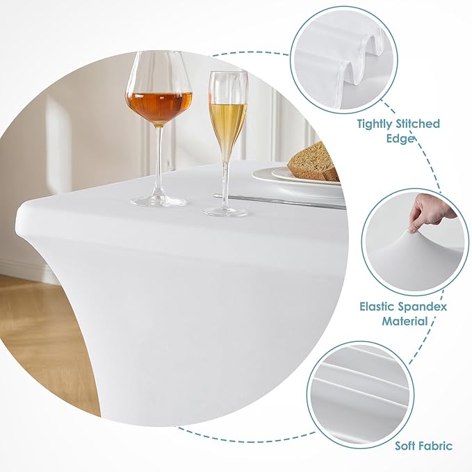 VidaFete Spandex Tablecloth 6 Pack 8FT, Fitted Stretch Table Cover for Rectangle Tables, Wrinkle Resistant and Washable Tablecloths for Outdoor, Picnic, Party, Wedding, Banquet, Birthday, White