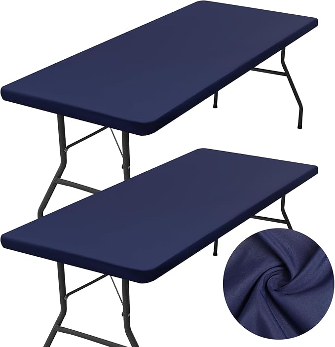 homing 2 Pack Rectangle Table Cloth, Elastic Fitted Fabric Tablecloth Fits for 5 Foot Folding Tables, Washable Table Cover for Picnic, Camping, Indoor & Outdoor (Navy Blue, 30" x 60")