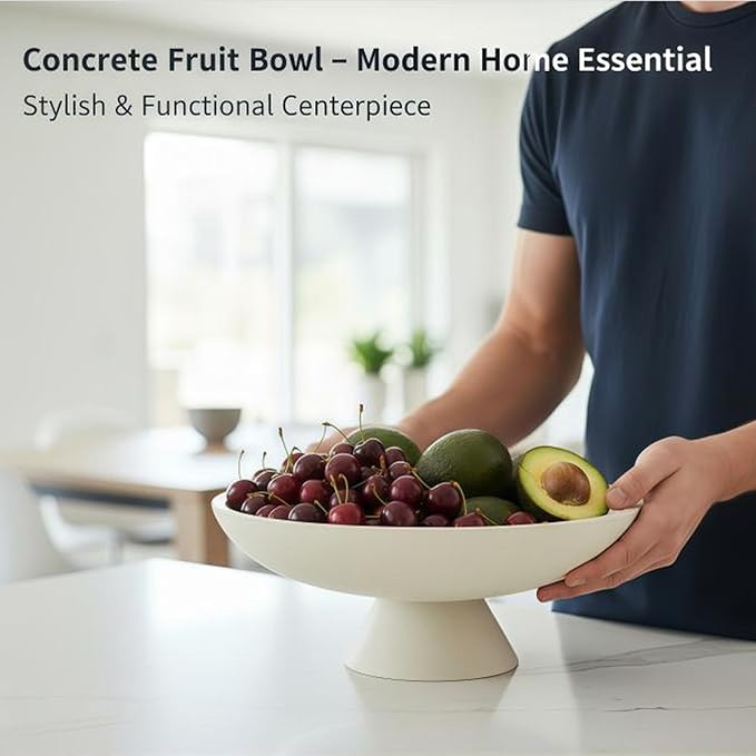 12" White Concrete Fruit Bowl - Modern Minimalist Concrete Decorative Bowl for Kitchen Counter, Living Room Coffee Table Storage