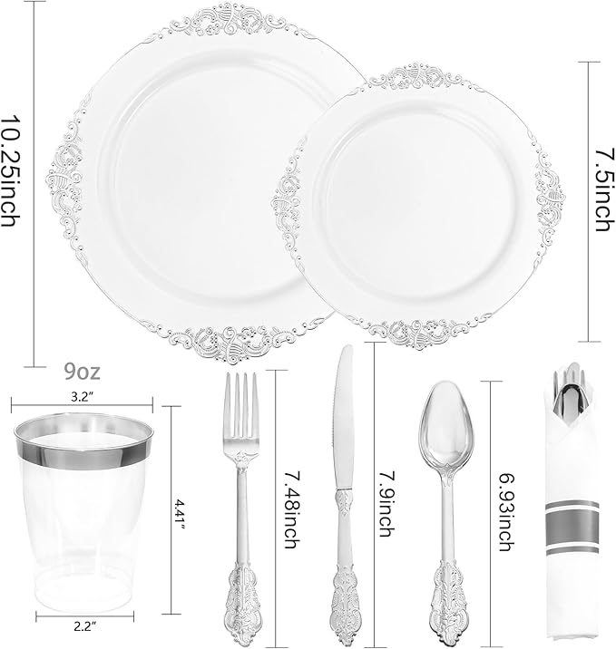 Liacere 350PCS Silver Plastic Plates&Pre Rolled Napkins for 50 Guests - Plastic Dinnerware Sets 100Silver Disposable Plates, 150Silver Silverware, 50Cups and 50Napkins for Christmas