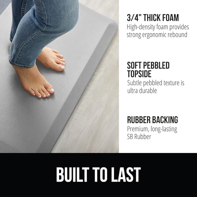 GORILLA GRIP Comfortable Cushioned Kitchen Mats for Floor, 48x20, Waterproof and Stain Resistant Soft Top, 3/4 Inch Thick Ergonomic Standing Desk Anti Fatigue Mat, Foam Supports Feet, Light Gray