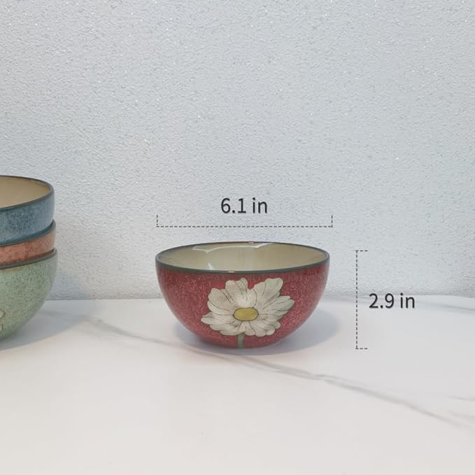 Ceramic Bowls For Kitchen, 28oz - Bowl Set of 4 - For Cereal, Salad, Pasta, Soup, Ramen, Serving etc - Dishwasher, Microwave, and Oven Safe - For Breakfast, Lunch and Dinner (Blue+Red+Green+Pink)