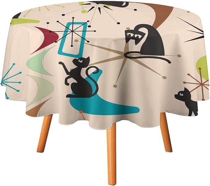 Mid Century Black Cat Round Tablecloth, Bohemian Modern Colorful Abstract Geometric Retro Art Bohemian Tablecloth for Home Party Dining Room Kitchen Decor 50Inch(127cm)