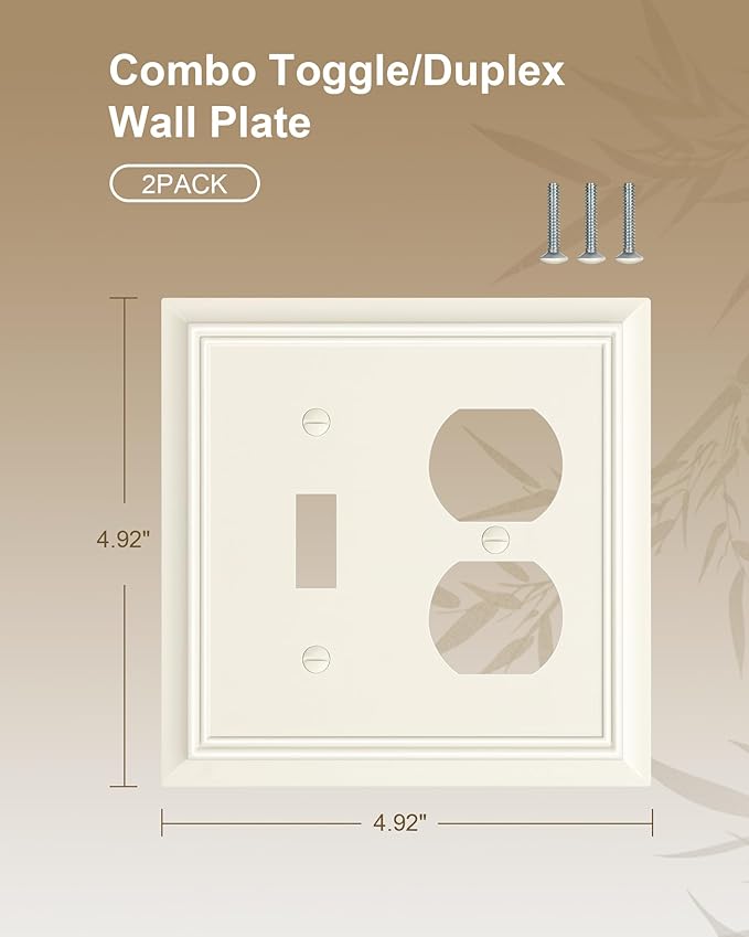 2-Pack Combo Toggle/Duplex Light Switch Cover Plate, Light Almond Outlet Cover Plate, Natural Bamboo Fiber Decorative Wall Receptacle Cover for Electrical Outlets, Light Switch