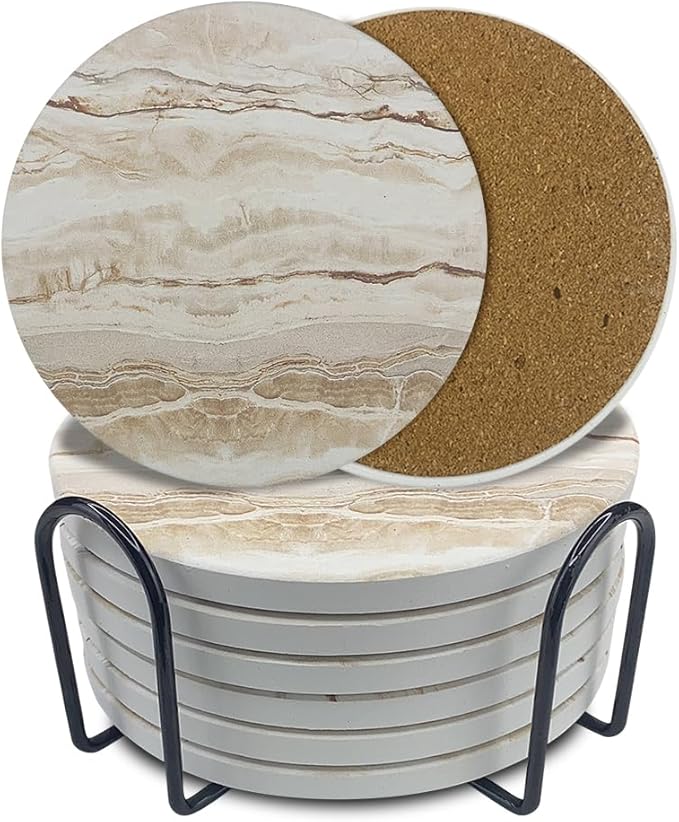 Ceramic Coasters Set of 6, Marble-Textured Design with Holder - Absorbent Cork-Backed Coasters for Cups, Bar & Coffee Table Decor Accessories (Khaki Marble, 8 Pack-Thin)
