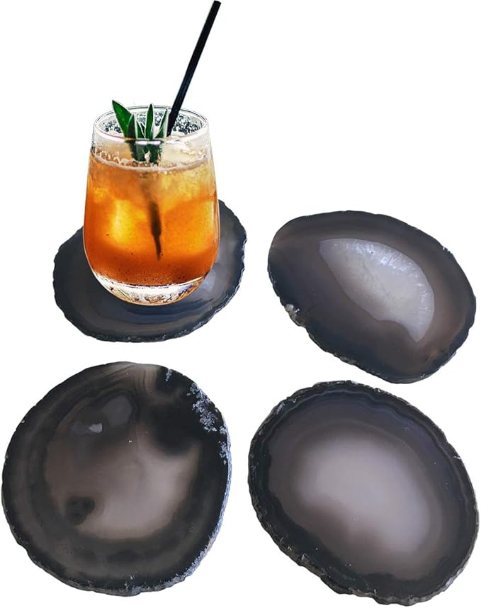 AMOYSTONE Large Black Agate Coasters Set of 4, 4-5 Inch Premium Stone Coasters, Executive Gift for Boss, Corporate Gift for Client