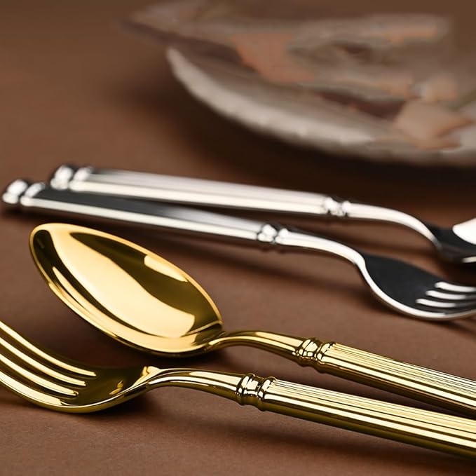 Silverware Set for 6 Flatware Set 24 Pieces Elegance Luxury Tableware Set Roman Column Handle Knives and Forks spoons 18/10 Stainless Steel Cutlery Utensil Sets for Home Restaurant Dishwasher Safe