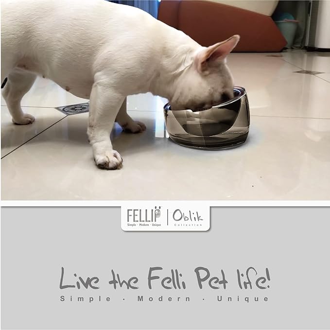 Felli Pet Oblik Acrylic Raised Dog Food Water Bowl Stainless Steel Slanted Oval Dish for Short Leg Puppy & Small Medium Pet, Elevated Tilted Metal Feeder (Smoky, 1.5 Cups Oval Dish)