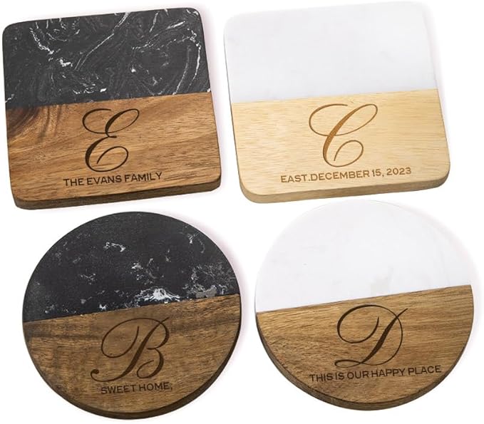 Personalized Glass Coaster Wood Marble Cup Coaster Custom Name and Text 4 Design Optional Gifts for Family