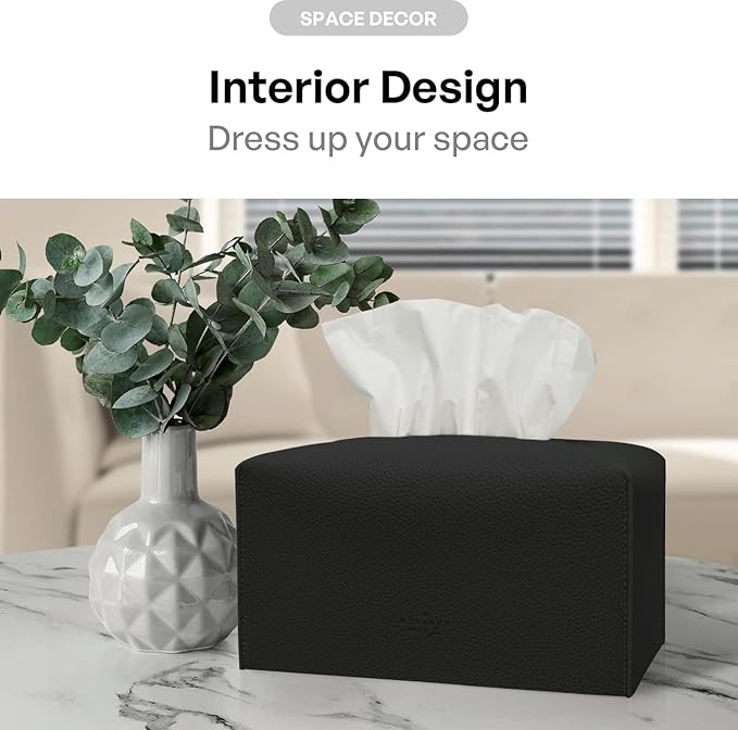 Carrotez Tissue Box Cover, [Refined] Modern PU Leather Rectangular Tissue Box Holder - Decorative Holder/Organizer for Bathroom Vanity Countertop, Night Stands, Office Desk 9.5"X5"X5" - Black