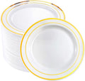 bUCLA 100Pieces Gold Plastic Plates -7.5inch White and Gold Disposable Salad/Dessert Plates - Ideal for Weddings, Party & Thanksgiving
