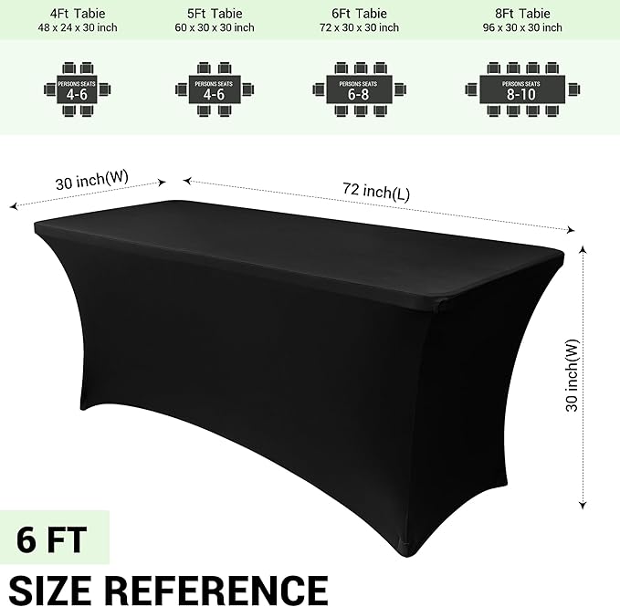 Obstal 6 Pack Stretch Spandex Table Covers for 6 Foot Tables - 6 FT Universal Rectangular Fitted Tablecloth Protector for Wedding, Banquet, Party (Black, 72 Length x 30 Width x 30 Height Inches)