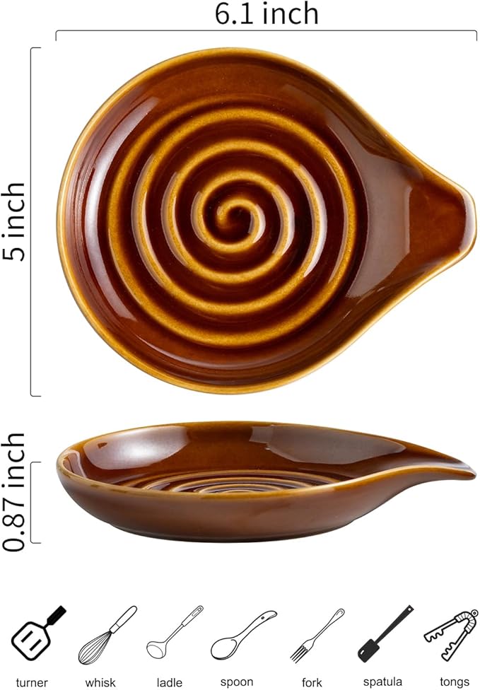 LAUCHUH Spoon Rest, 5 inches Large Ceramic Spoon Rest for Stove Top Cooking Spoon Holder for Kitchen Counter Spatula Holder for Tongs, Ladle, Fork, Heat-Resistant, Dark Brown
