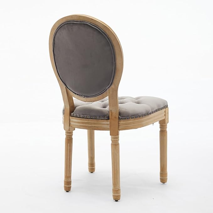 Ball & Cast French Vintage Upholstered Dining Chairs Set of 2, Button Tufted Kitchen Side-Chairs with Carved Antique Wood Frame & Nailhead Trims, 2-Piece Curved Backrest Louis Chair, Velvet Gray