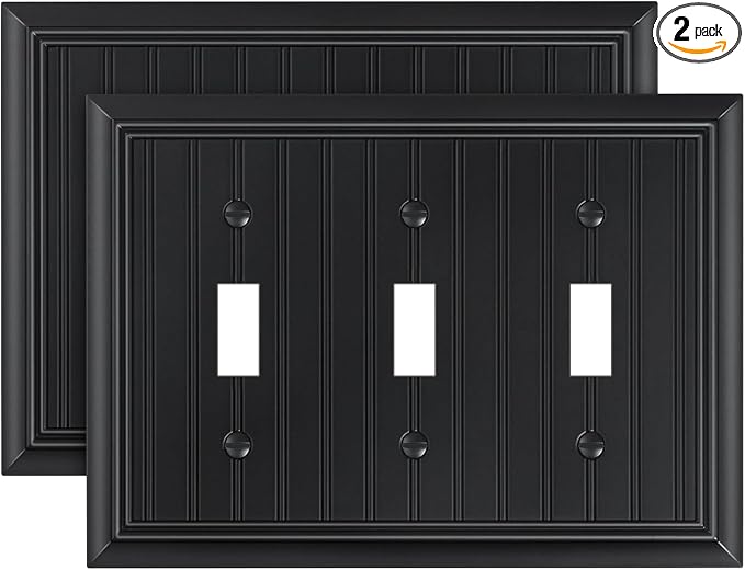 2-Pack Classic Beadboard Triple Toggle Light Switch Cover Plate, Durable Natural Bamboo Fiber Decorative Switch Plate Covers, Matte Black 3 Gang Wall Plate