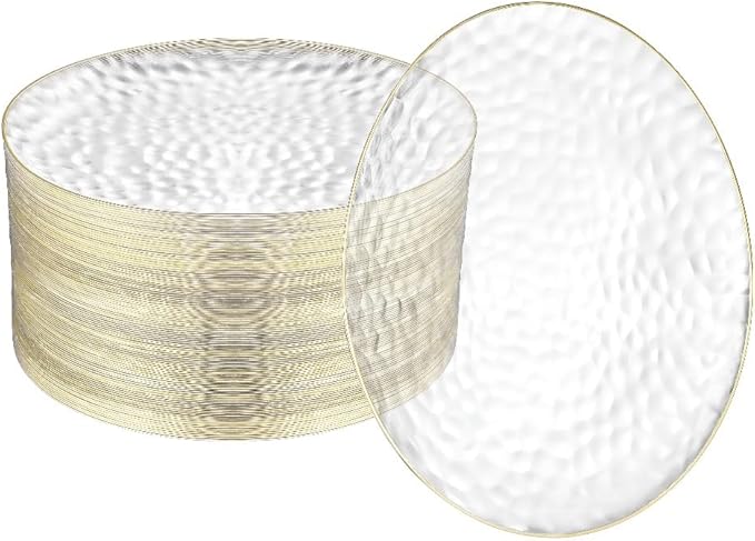 R-kay 100 Pack Clear Plastic Plates - 6.25 IN Hammered Gold Rimmed Sturdy, Durable And Extra Heavy duty Gold Plastic Dessert Plates Disposable - Ideal For Appetizer And And For Desserts.