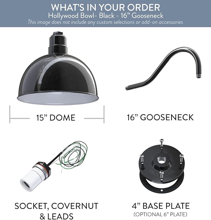 Steel Lighting Co. Hollywood Bowl Light | Outdoor Wall Mounted | 15 inch Bowl Dome | 16 inch Gooseneck | Barn Light Made in America | Black Exterior/White Interior