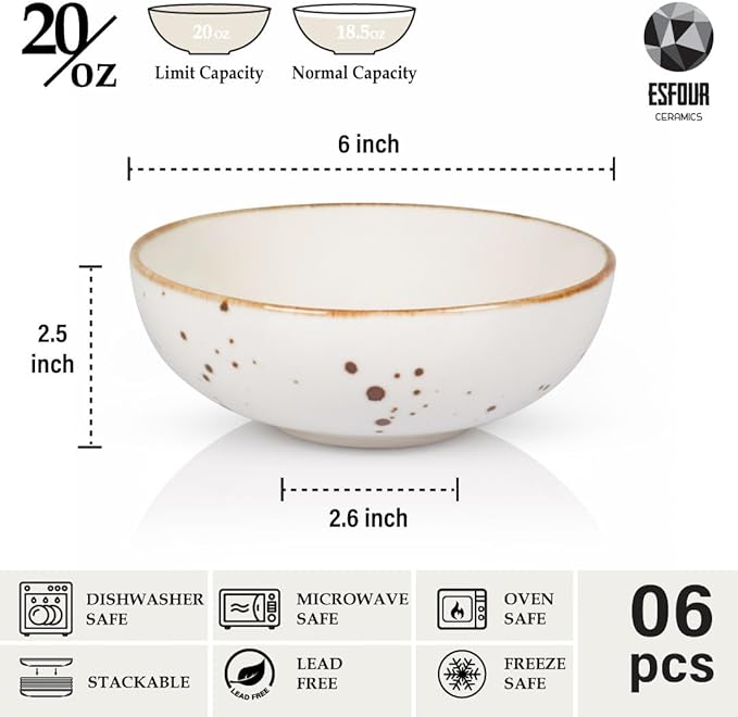 Esfour Round Porcelain Bowls - 20 Ounce - Set of 6 - Microwave, Oven, Dishwasher-Safe, Scratch Resistant, Porcelain Durable Small Dishes Bowls for Cereal, Salad, Pasta, Soup Dessert - Assorted Classic