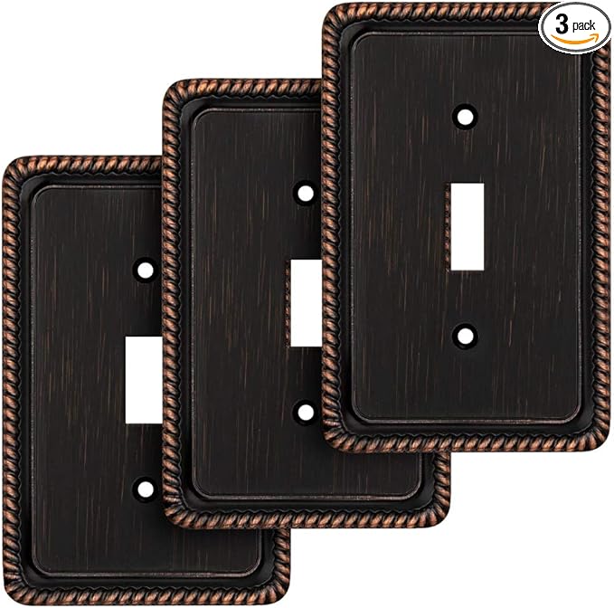 Henne Bery Rope Edge Decorative Wall Plate Switch Plate Outlet Cover (Single Toggle, 3 Pack, Aged Bronze)