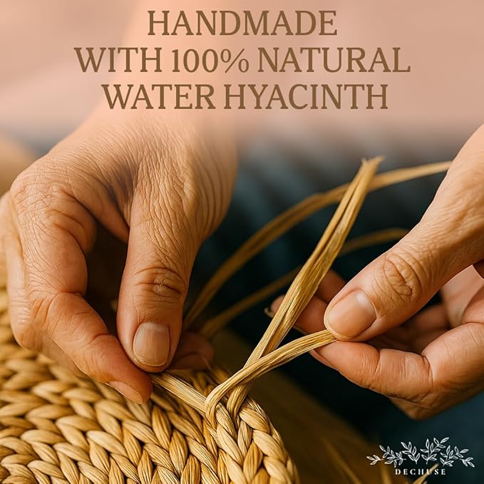 Round Woven Placemats Set of 6 (15 Inch) with Napkin Rings & Canvas Bag – Water Hyacinth Boho Farmhouse Table Mats, Heat Resistant Natural Wicker Chargers for Dining Table Decor by DECHUSE