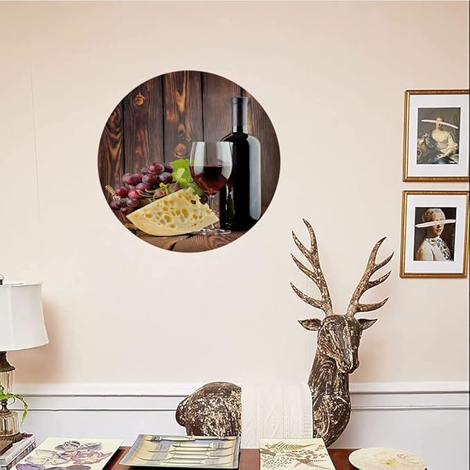 Ceramic Display Plate, Wine Ceramic Hanging Decorative Plate, Red Wine Cabernet Bottle and Glass Cheese and, 6 Inch, Living Room Kitchen Decoration Household, Brown Burgundy Cream