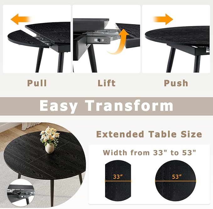 53” Round Dining Table Set for 4｜5 Piece Wood Dining Table Set｜Extendable Dining Room Table with 4 Chairs｜Black Wooden Tabletop with Metal Legs｜Easy Assembly｜Space Saving｜for Kitchen, Living Room