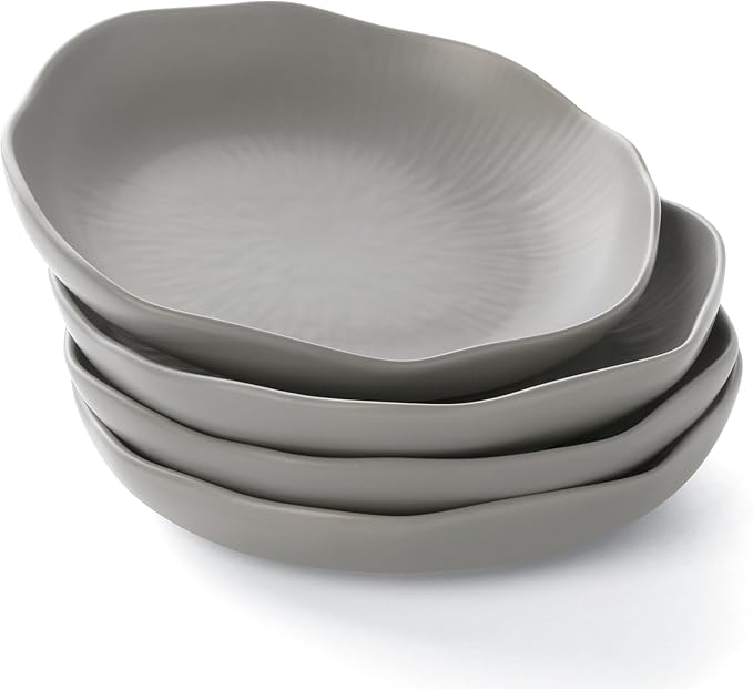 Pasta Bowls Set of 4, Ceramic 24.5oz Serving Salad Bowl, Large 8.5 inch Wide Shallow Soup Bowls with Wavy Rim, Easy to Clean, Oven Microwave Dishwasher Safe for Fruit Pasta Salad Dinner - Grey
