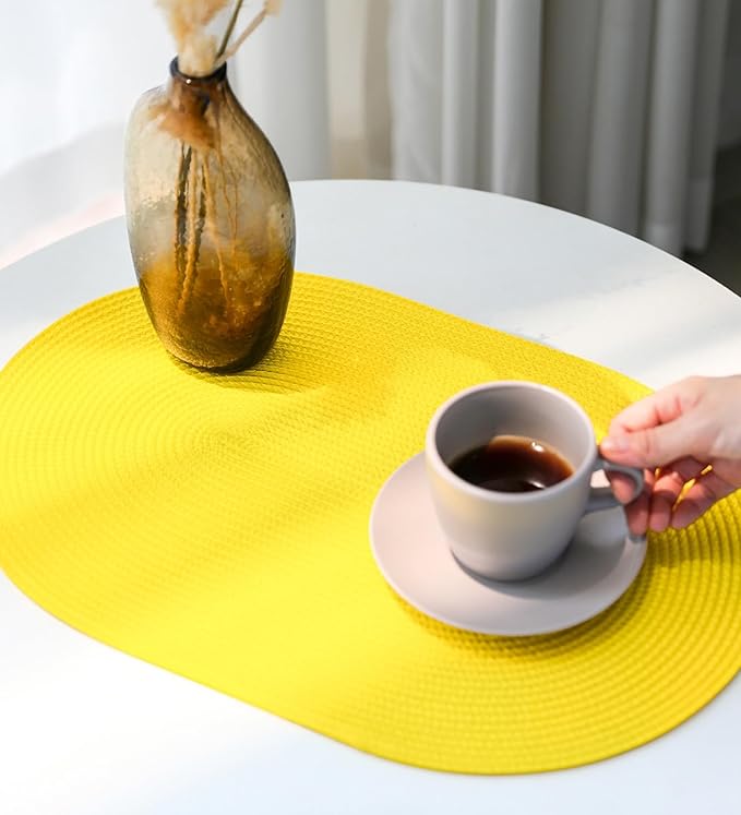 FunWheat Oval Braided Placemats Set of 6 Table Mats for Dining Tables Washable Heat Resistant Place mats for Daily Use12 x18 Inch (Oval Yellow, 6pcs)