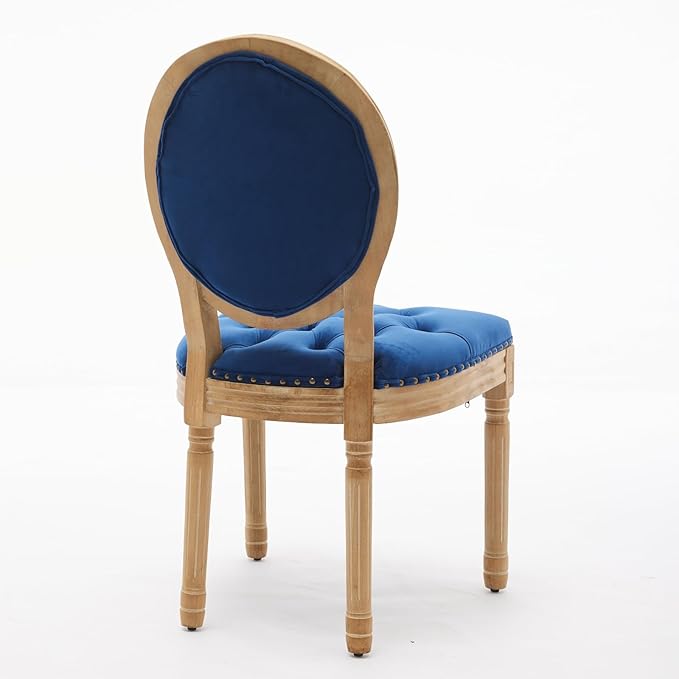 Ball & Cast French Vintage Upholstered Dining Chairs Set of 2, Button Tufted Kitchen Side-Chairs with Carved Antique Wood Frame & Nailhead Trims, 2-Piece Curved Backrest Louis Chair, Velvet Blue