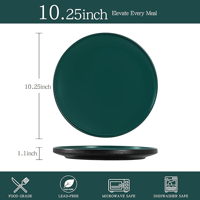Stoneware Dinner Plates Set of 4, 10.25 Inch Plates for Steak, Pasta, Ceramic Plates Sets, Microwave Safe, Dishwasher Safe, Versatile for All Seasons, Matte Green