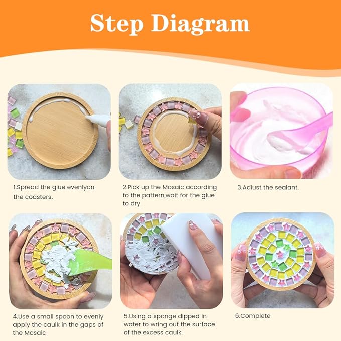Airsnigi 10 Set DIY Mosaic Tiles for Crafts Mixed Color Mosaic Kits with Wooden Coasters Handmade Glass Coasters Crafts Set for Adult Creative Handmade Home Decoration Christmas Gift