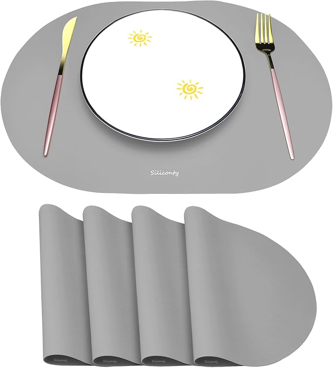 Silicone Placemats, Oval Placemats Set of 4. Heat-Resistant and Easy to Clean Siliconty Mats, Non-Slip Silicone Placemats for Table Protection. (4, Light Gray)