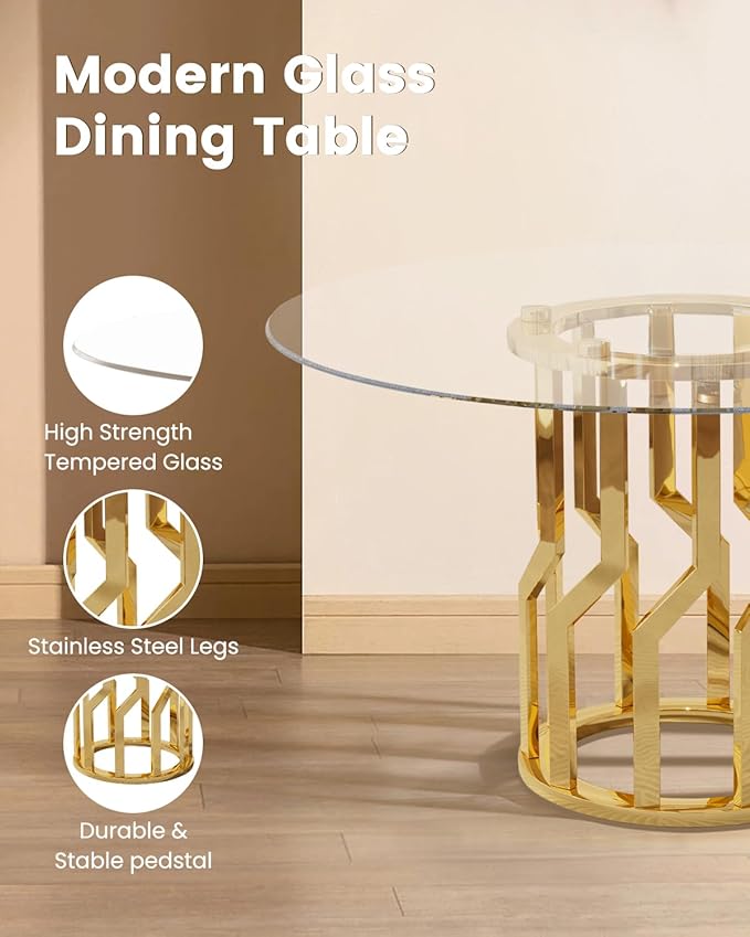 47.2" Round Glass Dining Table Set for 6, Modern 7 Piece Kitchen Table Set with Gold Stainless Steel Base & 6 PU Leather Accent Chairs, Saving Space, Dining Set for Apartment, Home - White Chair