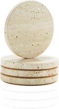 4-Inch Beige Travertine Coasters Set of 4 - Natural Limestone Absorbent Drink Coasters with Non-Slip Cork Backing, Protect Countertops from Stains and Scratches
