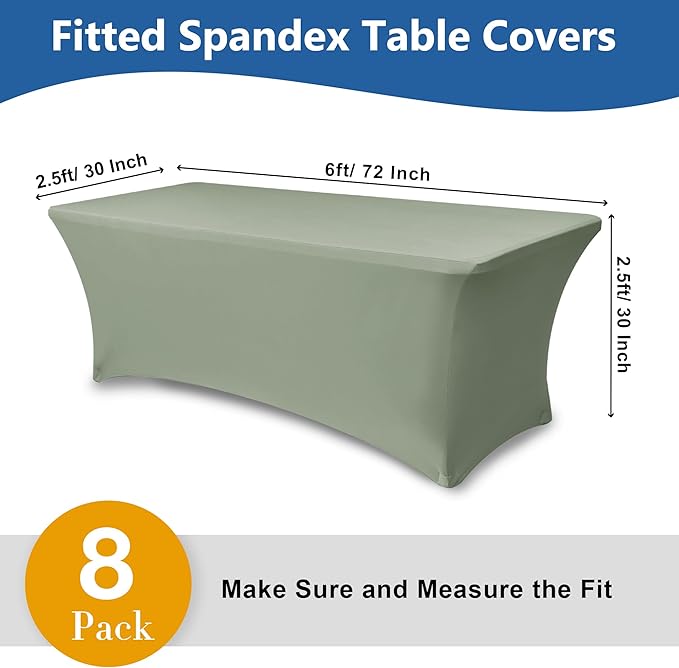 Stretch Table Cover for 6 Foot Rectangle Tables-8 Pack Sage Spandex Fitted Tablecloth-Elastic 6ft Folding Tablecloths for Party, Vendor Booth Display, Banquet Buffet Event, Craft Trade Show