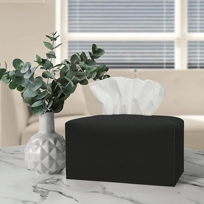 Carrotez Tissue Box Cover, [Refined] Modern PU Leather Rectangular Tissue Box Holder - Decorative Holder/Organizer for Bathroom Vanity Countertop, Night Stands, Office Desk 9.5"X5"X5" - Black