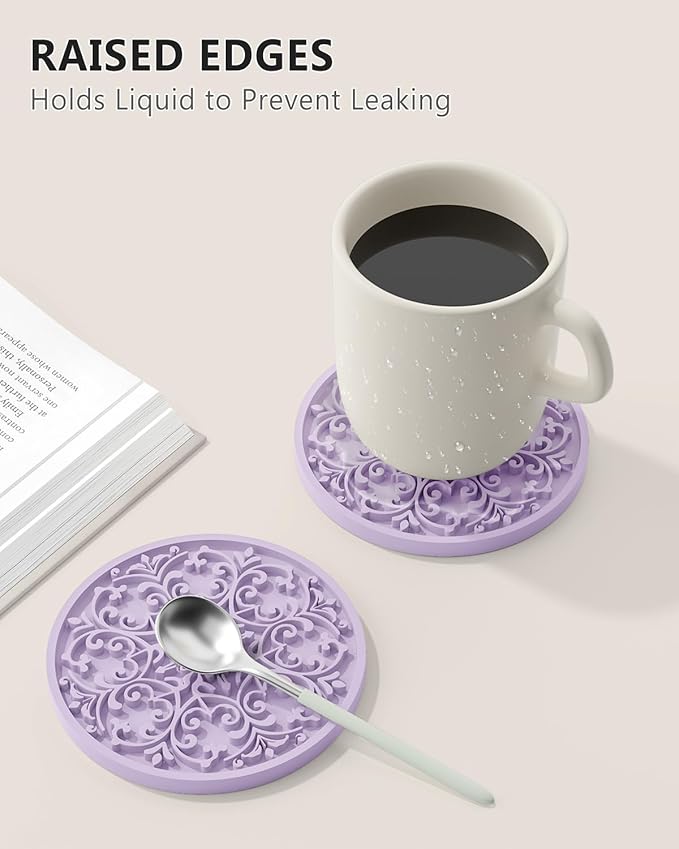 Drink Coasters, Coasters Set of 6 for Cup with Holder, Non-Slip Silicone Cup Mats for Hot and Cold Drinks, Cute Absorbent Coffee Bar Accessories Table Decor, Purple